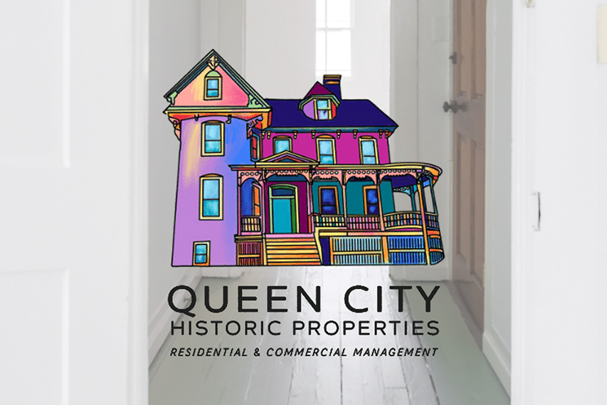 queen city historic properties logo of a colorful house superimposed over the entryway to an apartment